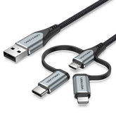 VENTION USB 2.0 A Male to 3-in-1 Micro-B&USB-C&Lightning Male Cable 0.5M Grey Aluminum Alloy Type