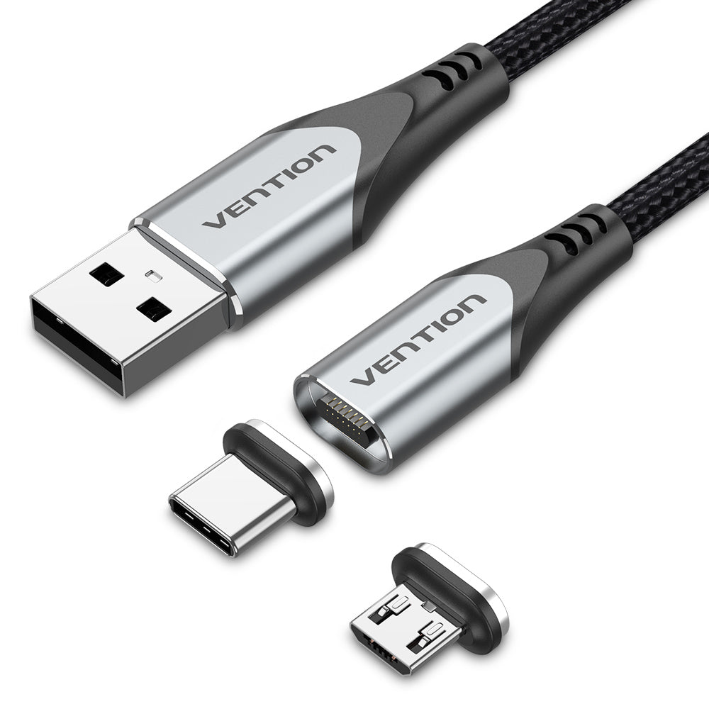 VENTION USB 2.0 A Male to 2-in-1 Micro-B&USB-C Male Magnetic Cable Grey Aluminum Alloy Type