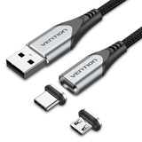 VENTION USB 2.0 A Male to 2-in-1 Micro-B&USB-C Male Magnetic Cable Grey Aluminum Alloy Type
