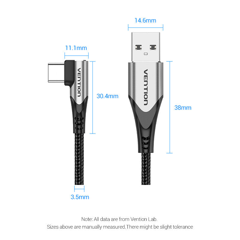 VENTION USB-C Right Angle to USB 2.0-A Cable Grey Aluminum Alloy Type