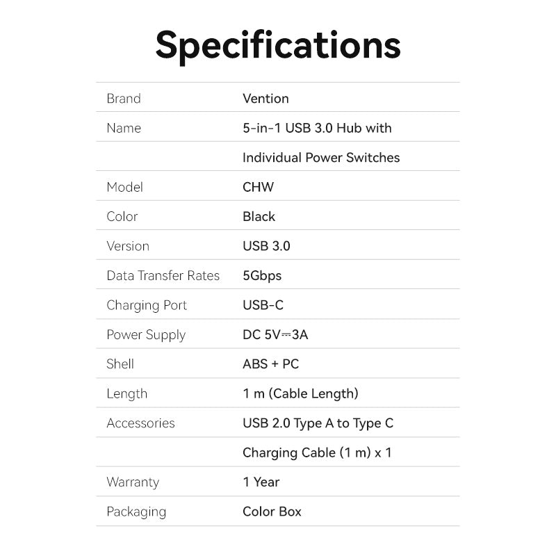 VENTION 5-in-1 USB 3.0 Hub with Individual Power Switches