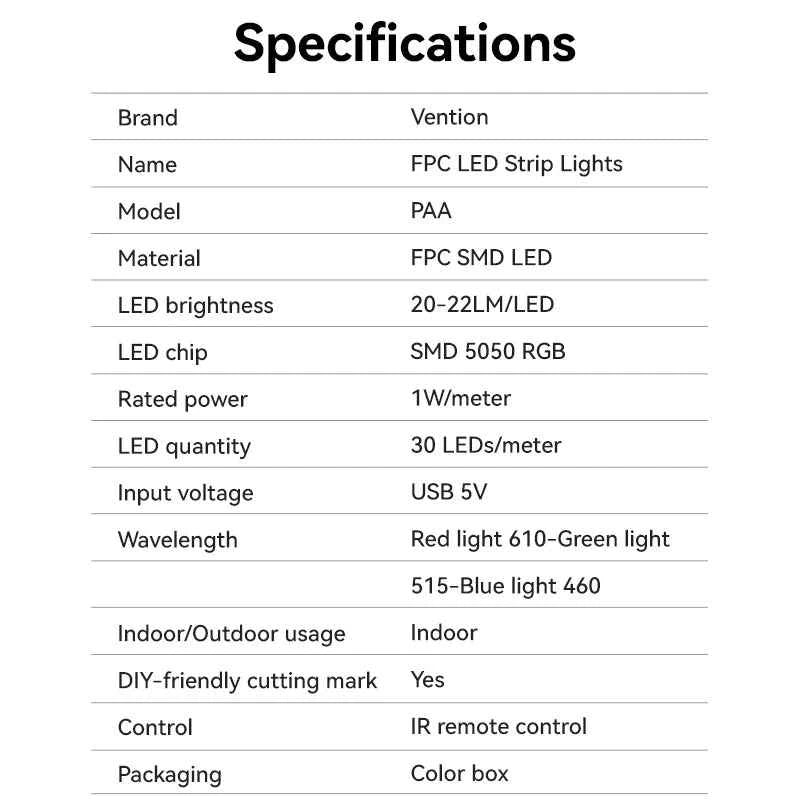 VENTION RGB FPC LED Strip Lights with IR Remote and USB 5V Power Supply 5M White Reel