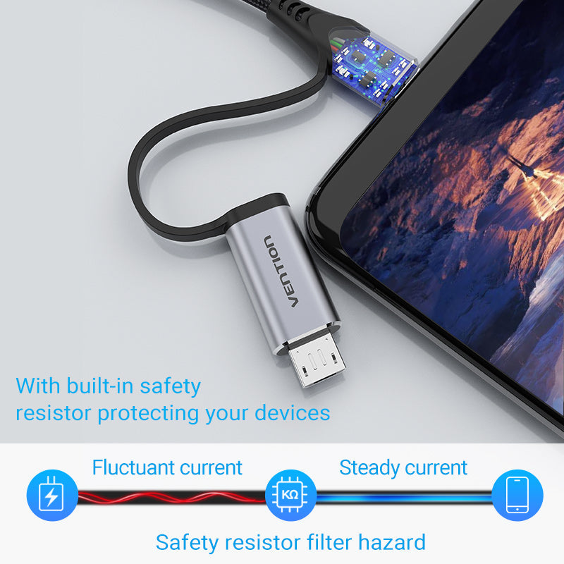 VENTION USB 2.0 A Male to 2-in-1 USB-C & Micro-B Male 5A Cable Grey Aluminum Alloy Type