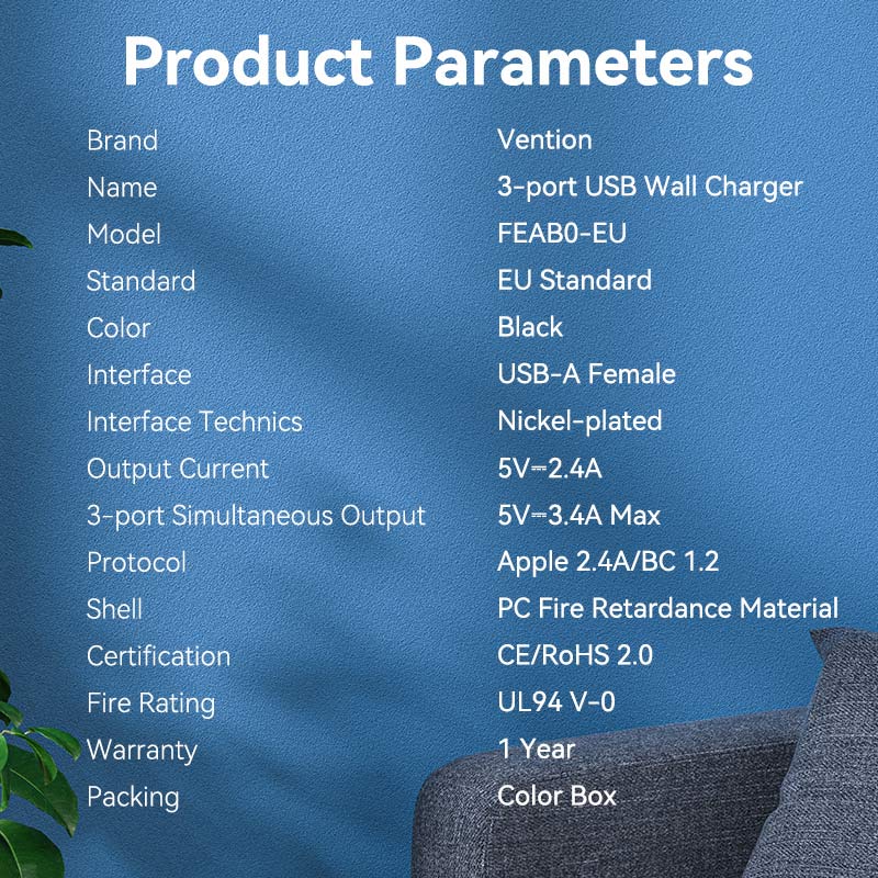 VENTION 3-Port USB(A+A+A) Wall Charger(12W/12W/12W) EU-Plug