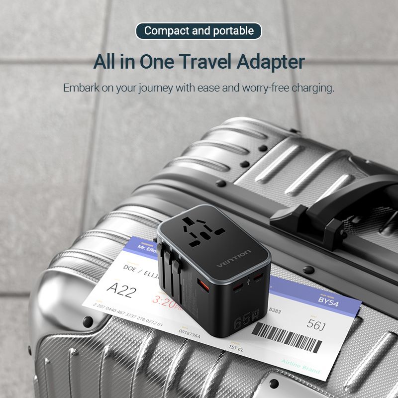 VENTION 3-Port USB (C+C+A) GaN Universal Travel Adapter (65W/65W/30W)