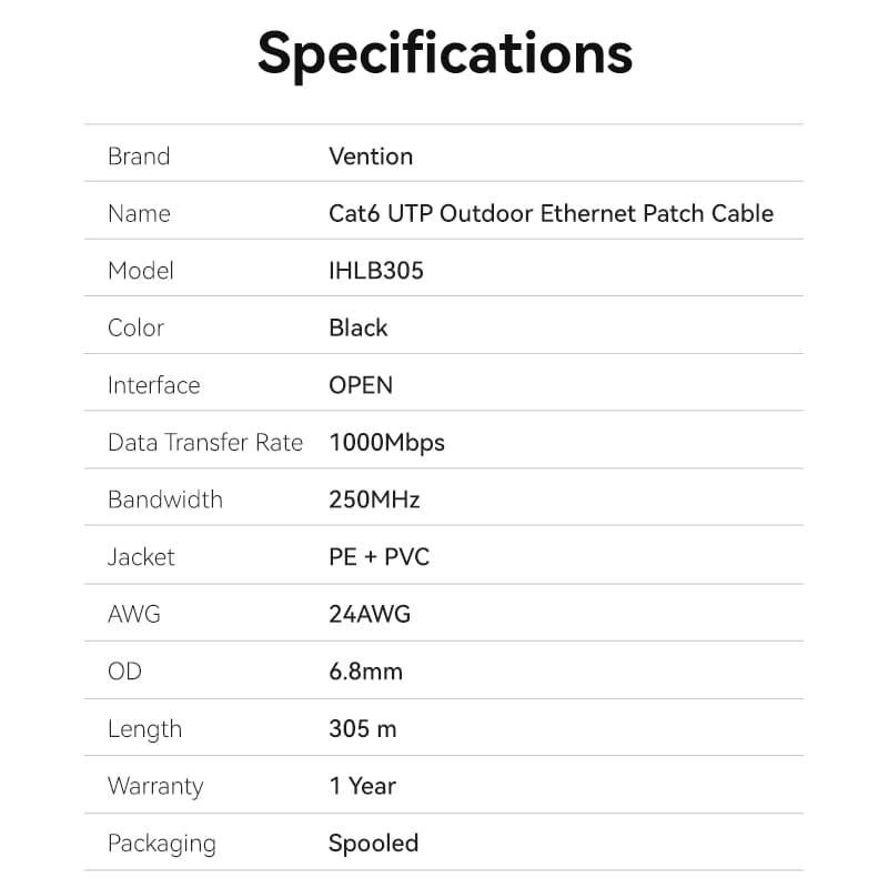 Cat 6 UTP Outdoor Ethernet Patch Cable 305M Black - VENTION