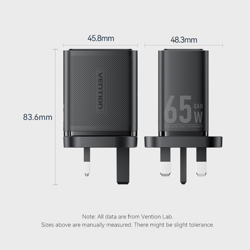 VENTION 3-Port USB (C + C + A) GaN Charger (65W/65W/60W) UK-Plug Black