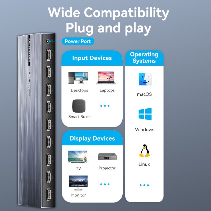 VENTION 4K 1x8 HDMI Splitter Black Aluminum Alloy Type UK Standard