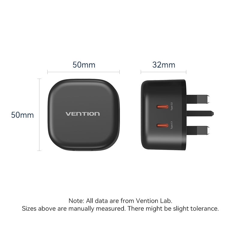 VENTION 2-Port USB (C + C) GaN Charger (45W/45W) UK-Plug Black