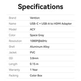 VENTION USB-C + USB-A to HDMI Adapter 0.15M Gray Aluminium Alloy Type