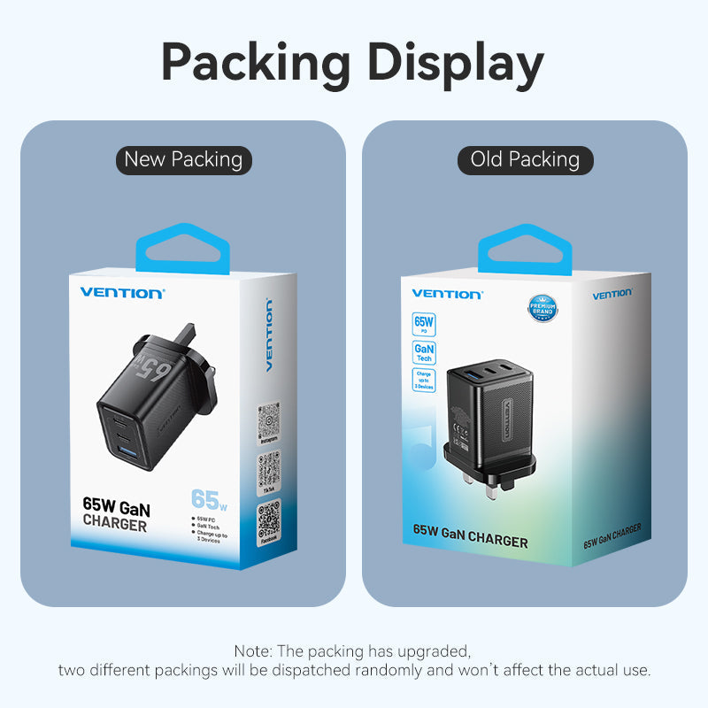 VENTION 3-Port USB (C + C + A) GaN Charger (65W/65W/60W) UK-Plug Black