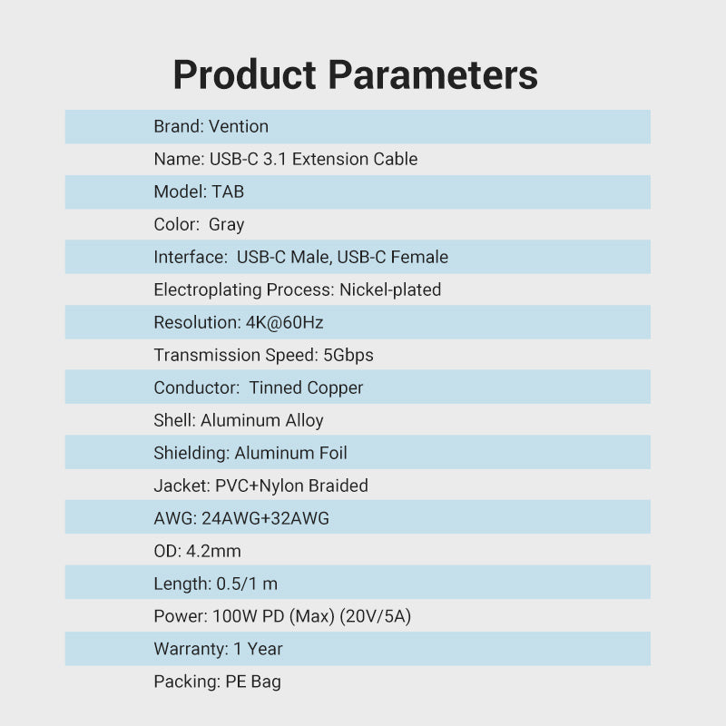 VENTION Cotton Braided USB-C 3.1 Extension Cable