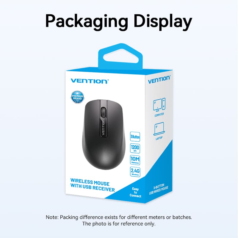 VENTION 3-Button Wireless Computer Mouse with USB Receiver Black