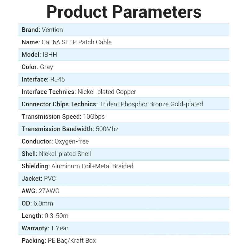 VENTION SFTP Cat 6A Network Cable - 10 Gbps Transmission Speed