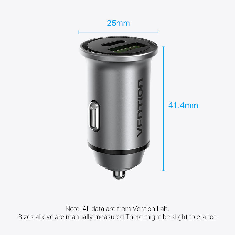 VENTION Two-Port USB A+C(18/20) Car Charger Grey Mini Style Aluminium Alloy Type