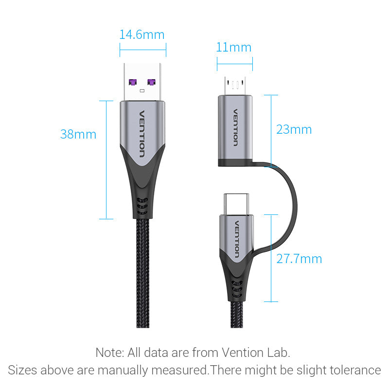 VENTION USB 2.0 A Male to 2-in-1 USB-C & Micro-B Male 5A Cable Grey Aluminum Alloy Type