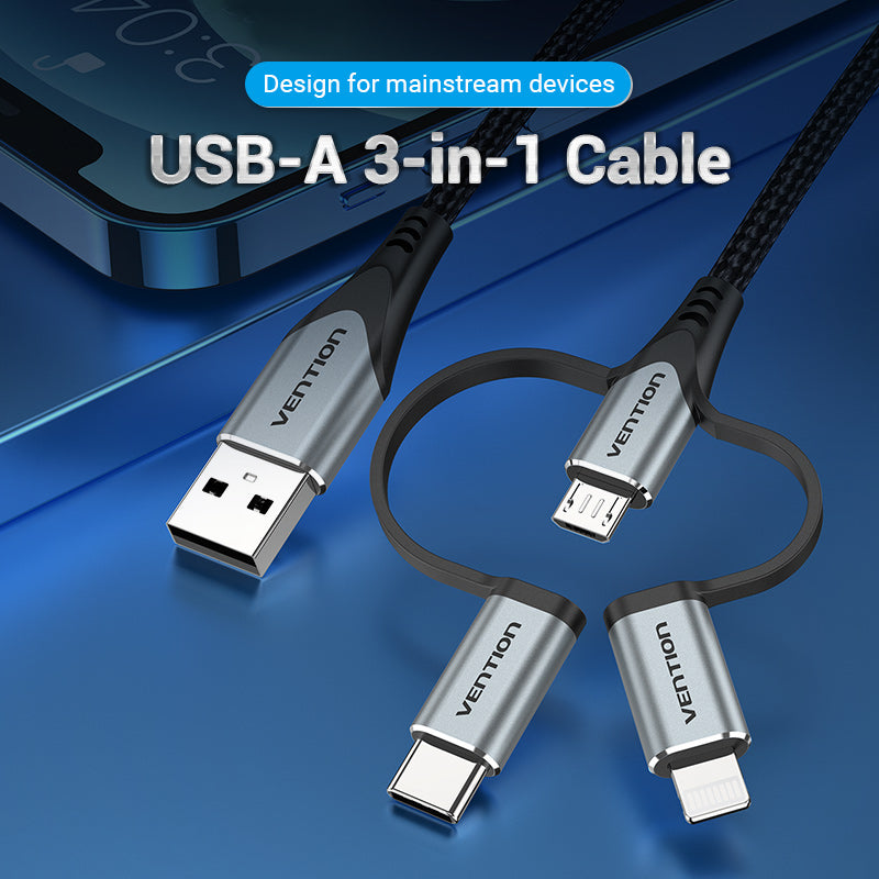 VENTION USB 2.0 A Male to 3-in-1 Micro-B&USB-C&Lightning Male Cable 0.5M Grey Aluminum Alloy Type