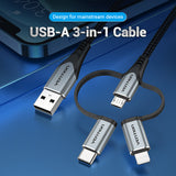 VENTION USB 2.0 A Male to 3-in-1 Micro-B&USB-C&Lightning Male Cable 0.5M Grey Aluminum Alloy Type