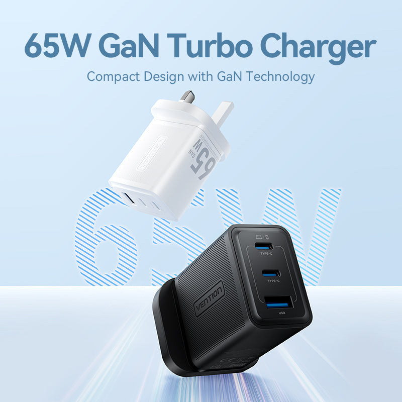 VENTION 3-Port USB (C + C + A) GaN Charger (65W/65W/60W) UK-Plug Black