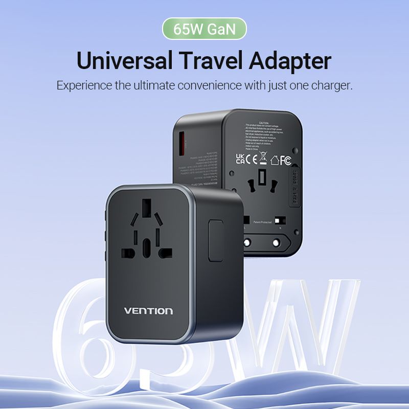 VENTION 3-Port USB (C+C+A) GaN Universal Travel Adapter (65W/65W/30W)