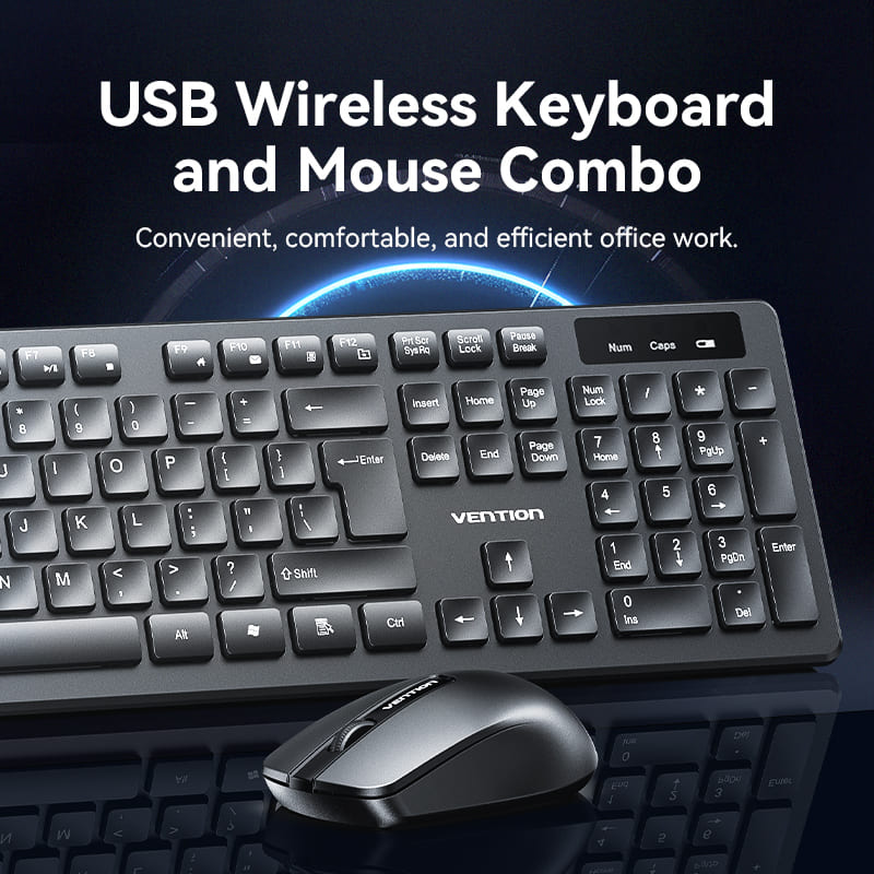 VENTION Wireless Full-Sized Keyboard and Mouse Combo with Mouse Pad Black Slim Type - US English Layout