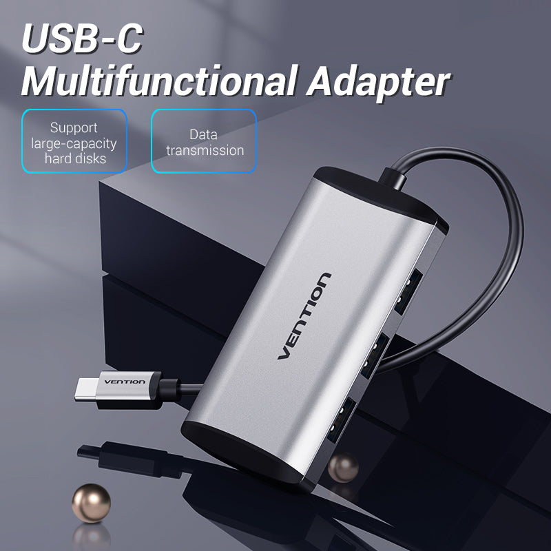 VENTION Type-C to USB3.0*4/Micro USB Hub 0.15m Grey Metal Type