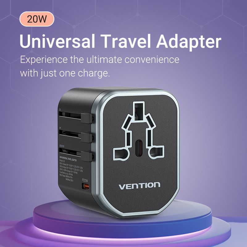 VENTION 3-Port USB (C+C+A) Universal Travel Adapter (20W/18W/18W)