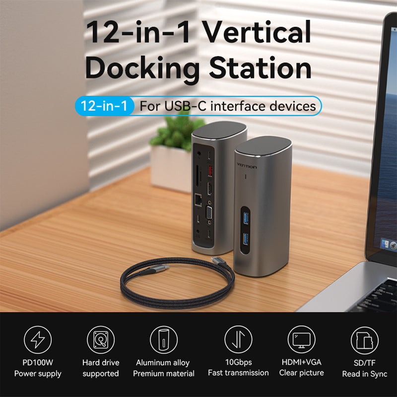 VENTION USB-C to HDMI/VGA/USB 3.1 Gen 2/USB 3.1 Gen 2-C/USB 3.0x2/RJ45/SD/TF/TRRS 3.5mm/PD/DC Docking Station Grey Vertical Aluminum Alloy Type UK Standard