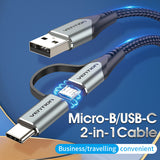 VENTION USB 2.0 A Male to 2-in-1 Micro-B&USB-C Male Cable 0.5M Grey Aluminum Alloy Type