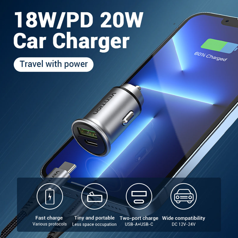 VENTION Two-Port USB A+C(18/20) Car Charger Grey Mini Style Aluminium Alloy Type