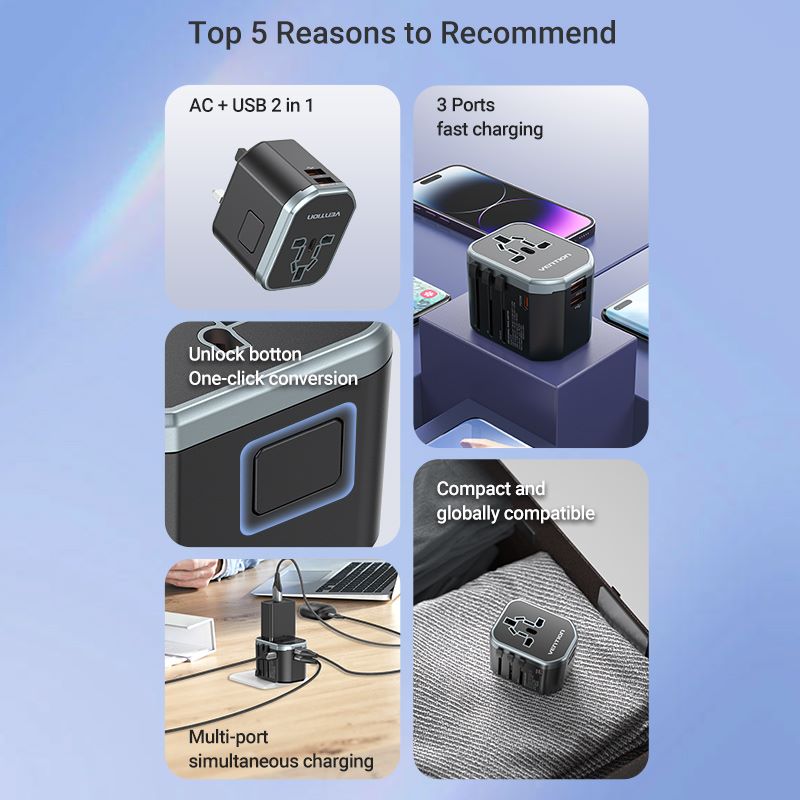 VENTION 3-Port USB (C+C+A) Universal Travel Adapter (20W/18W/18W)