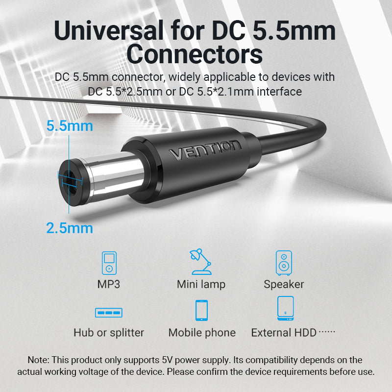 VENTION USB to 5.5mm Barrel Jack 5V DC Power Cable