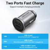 VENTION Two-Port USB A+C(18/20) Car Charger Grey Mini Style Aluminium Alloy Type