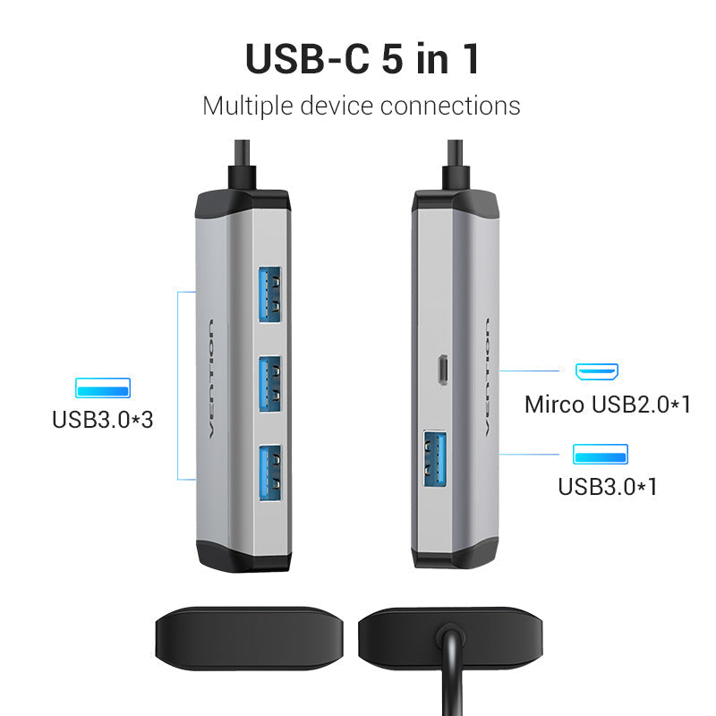 VENTION Type-C to USB3.0*4/Micro USB Hub 0.15m Grey Metal Type