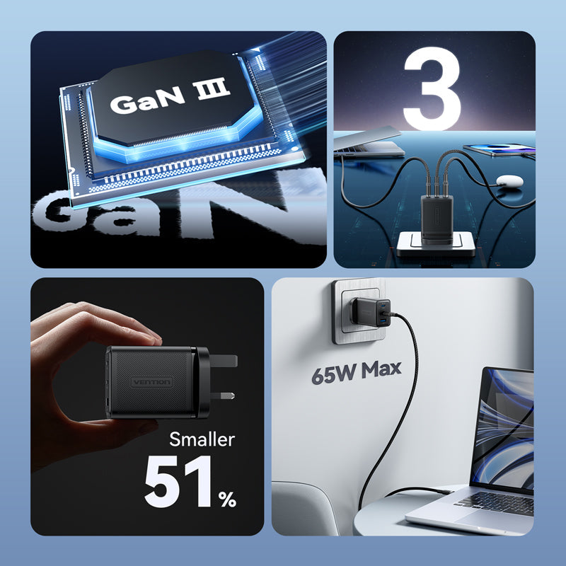 VENTION 3-Port USB (C + C + A) GaN Charger (65W/65W/60W) UK-Plug Black