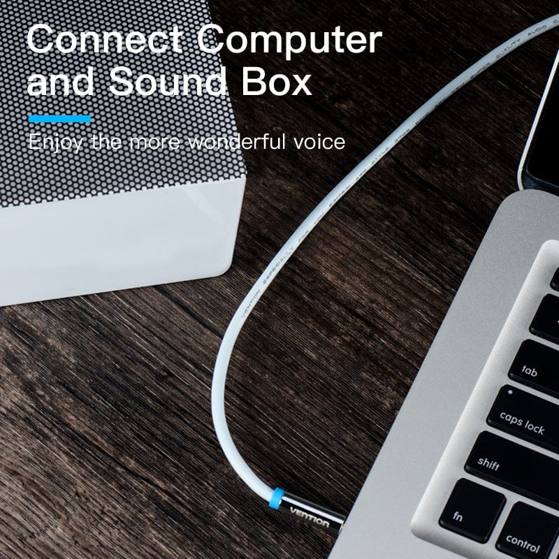 VENTION 3.5mm to 2RCA audio cable connecting a computer to a sound box for enhanced audio quality