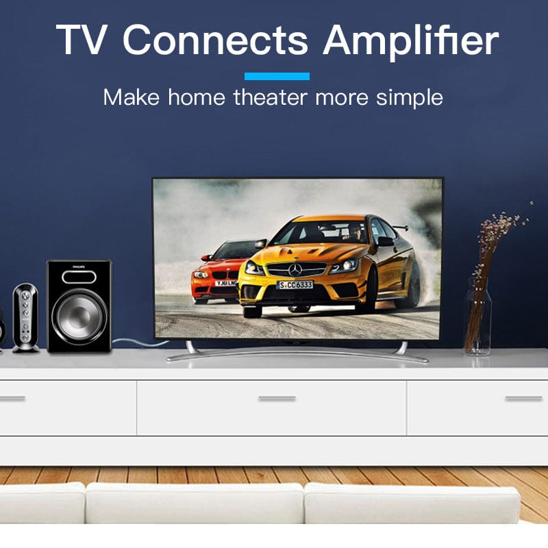 Vention 3.5mm to 2RCA audio cable connecting TV to amplifier for enhanced home theater experience