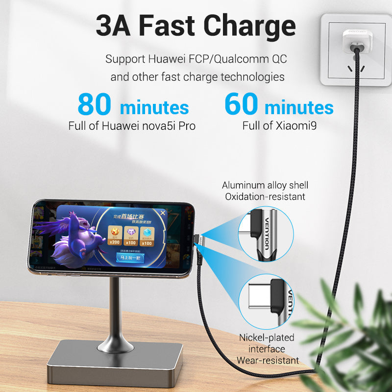 VENTION USB-C Right Angle to USB 2.0-A Cable Grey Aluminum Alloy Type