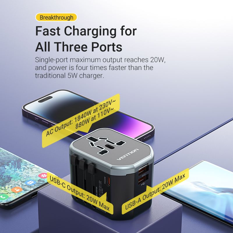 VENTION 3-Port USB (C+C+A) Universal Travel Adapter (20W/18W/18W)