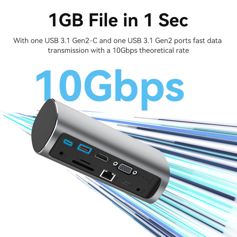 VENTION USB-C to HDMI/VGA/USB 3.1 Gen 2/USB 3.1 Gen 2-C/USB 3.0x2/RJ45/SD/TF/TRRS 3.5mm/PD/DC Docking Station Grey Vertical Aluminum Alloy Type UK Standard