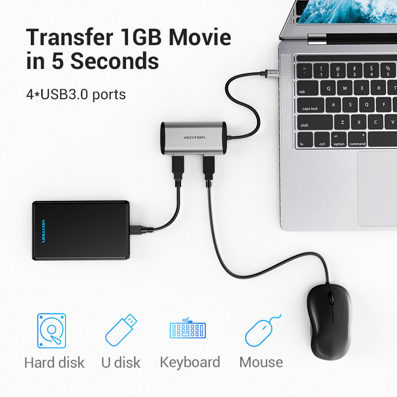 VENTION Type-C to USB3.0*4/Micro USB Hub 0.15m Grey Metal Type