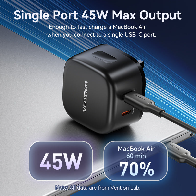 VENTION 2-Port USB (C + C) GaN Charger (45W/45W) UK-Plug Black