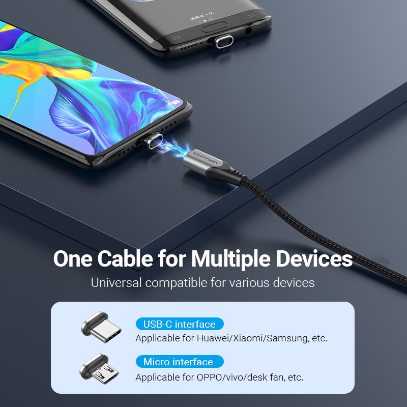 VENTION USB 2.0 A Male to 2-in-1 Micro-B&USB-C Male Magnetic Cable Grey Aluminum Alloy Type