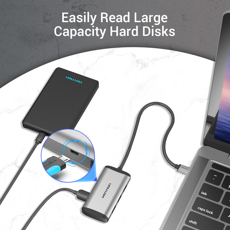 VENTION Type-C to USB3.0*4/Micro USB Hub 0.15m Grey Metal Type