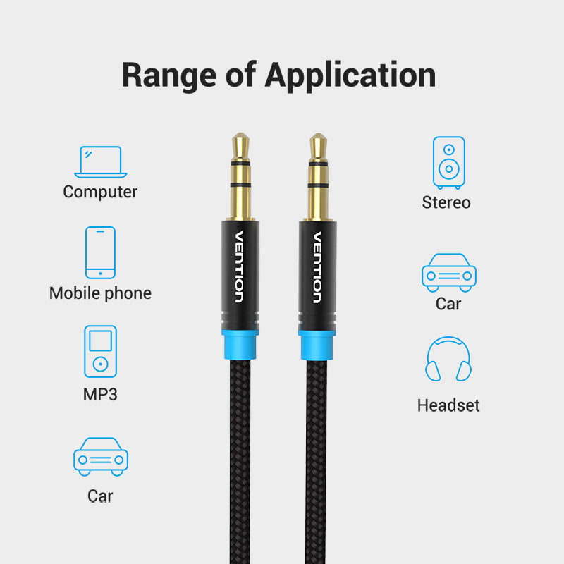 VENTION Cotton Braided 3.5mm Male to Male Audio Cable Black Metal Type