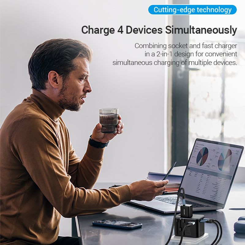 VENTION 3-Port USB (C+C+A) GaN Universal Travel Adapter (65W/65W/30W)