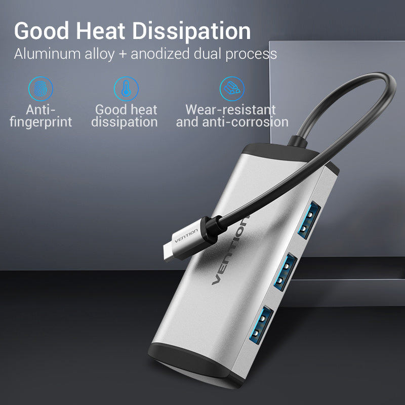 VENTION Type-C to USB3.0*4/Micro USB Hub 0.15m Grey Metal Type