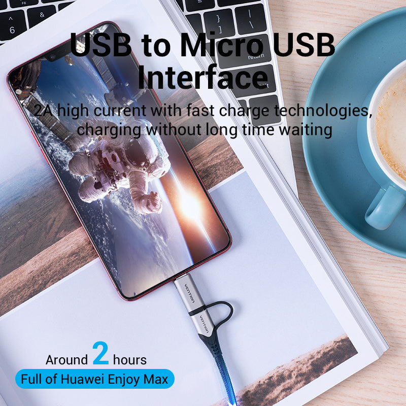 VENTION USB 2.0 A Male to 2-in-1 USB-C & Micro-B Male 5A Cable Grey Aluminum Alloy Type