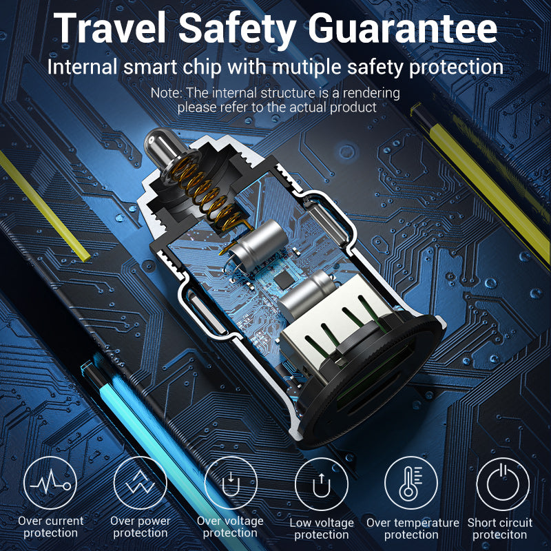 VENTION Two-Port USB A+C(18/20) Car Charger Grey Mini Style Aluminium Alloy Type