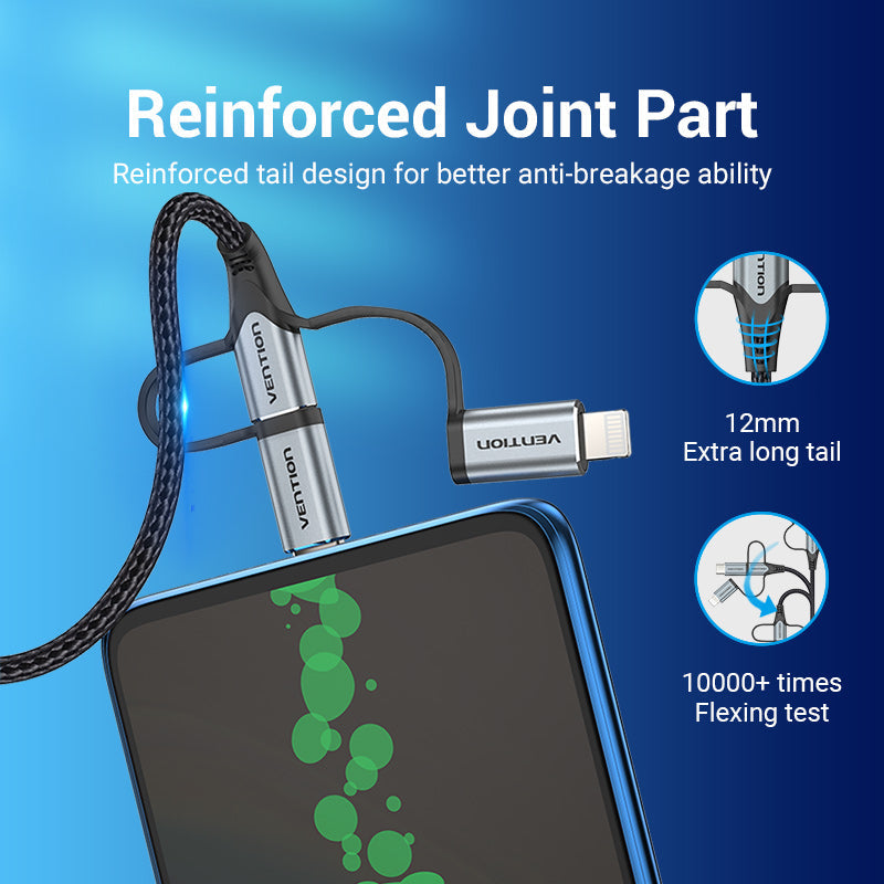 VENTION USB 2.0 A Male to 3-in-1 Micro-B&USB-C&Lightning Male Cable 0.5M Grey Aluminum Alloy Type